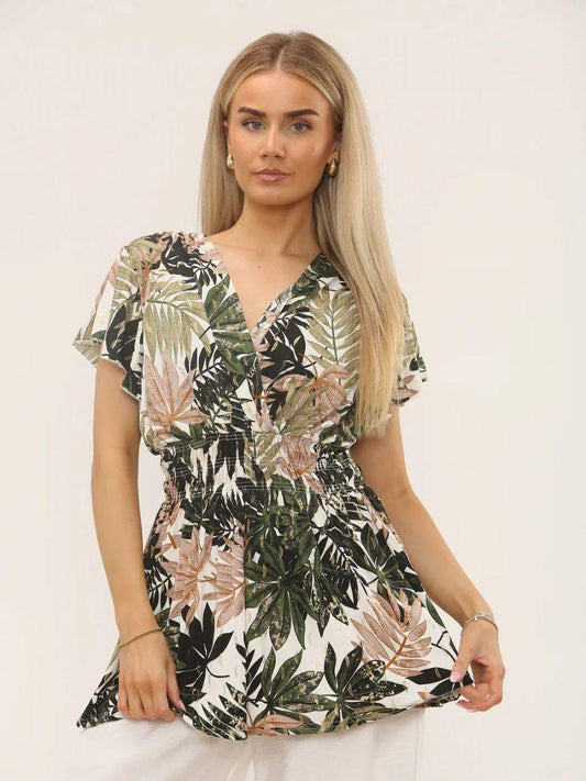 Leaf Print Gathered Top - nature inspired pattern