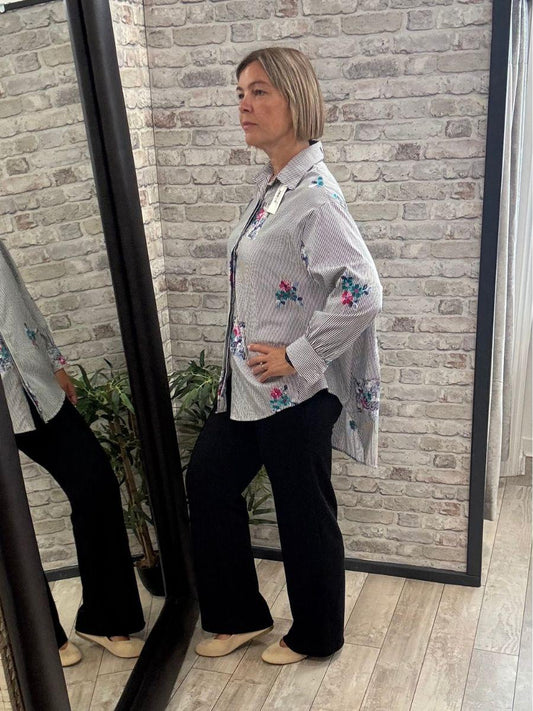 Striped Embroidered Flower Shirt