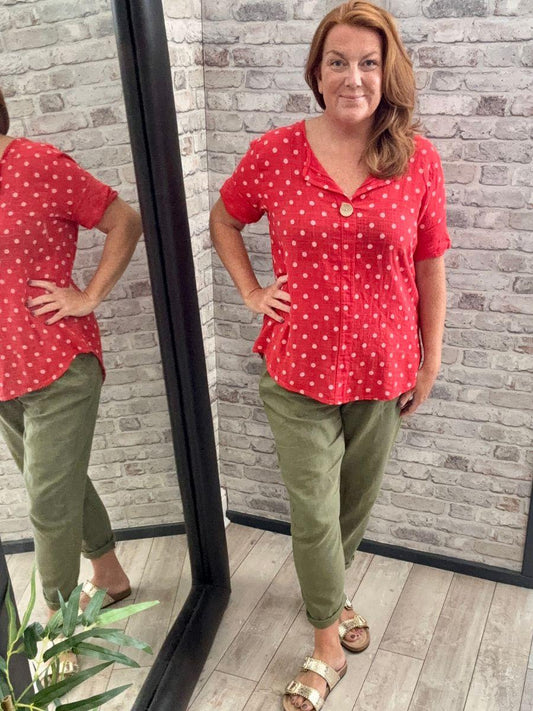 One Button Spotty Top - 100% Cotton with open collar.