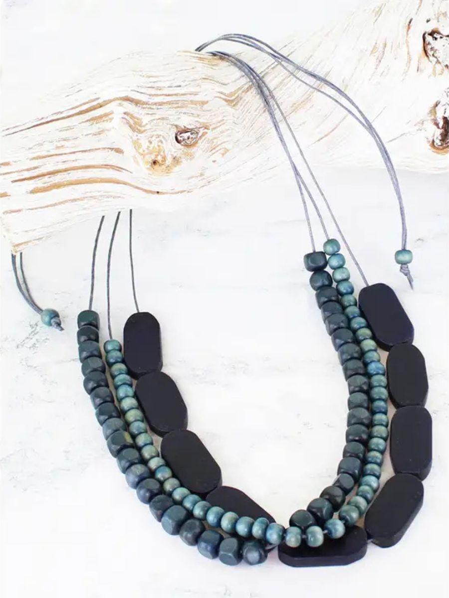 Multi-Strand Wooden Beaded Necklace - adjustable with a cord