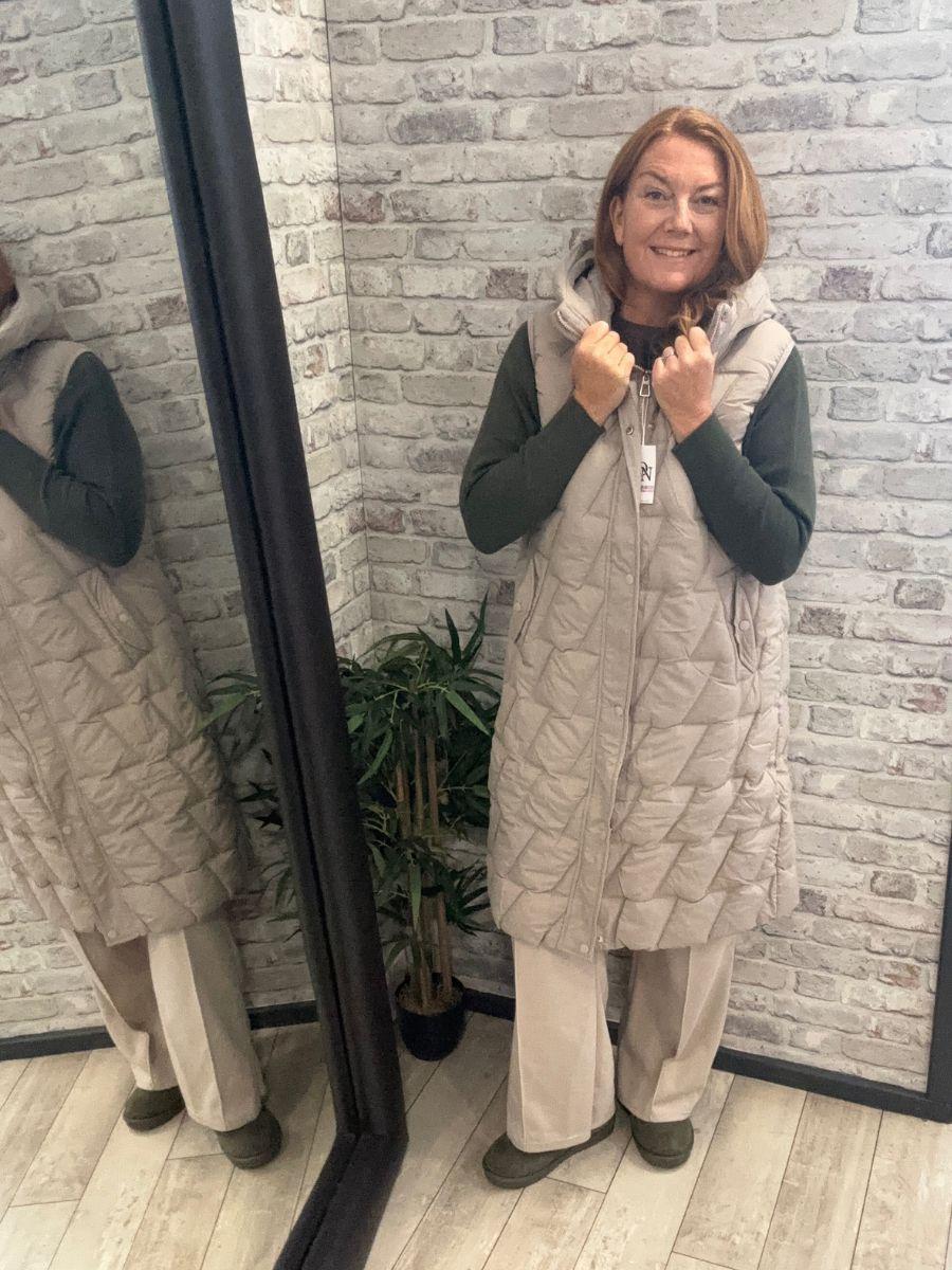 Long Padded Hooded Gilet - Popper and Zipper Fastening
