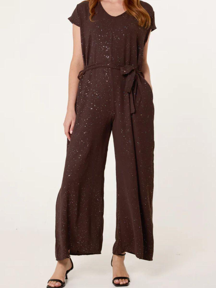 Metallic Glitter Belted Jumpsuit