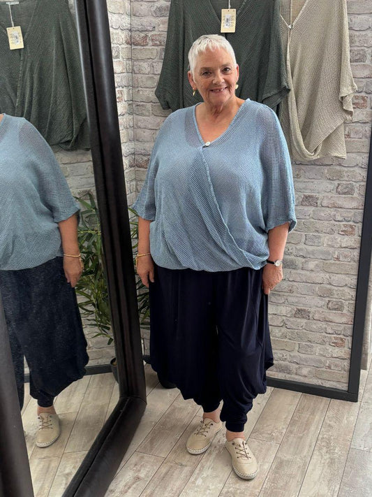 One Button Twist Mesh Top - Single Wooden Button and Open Front