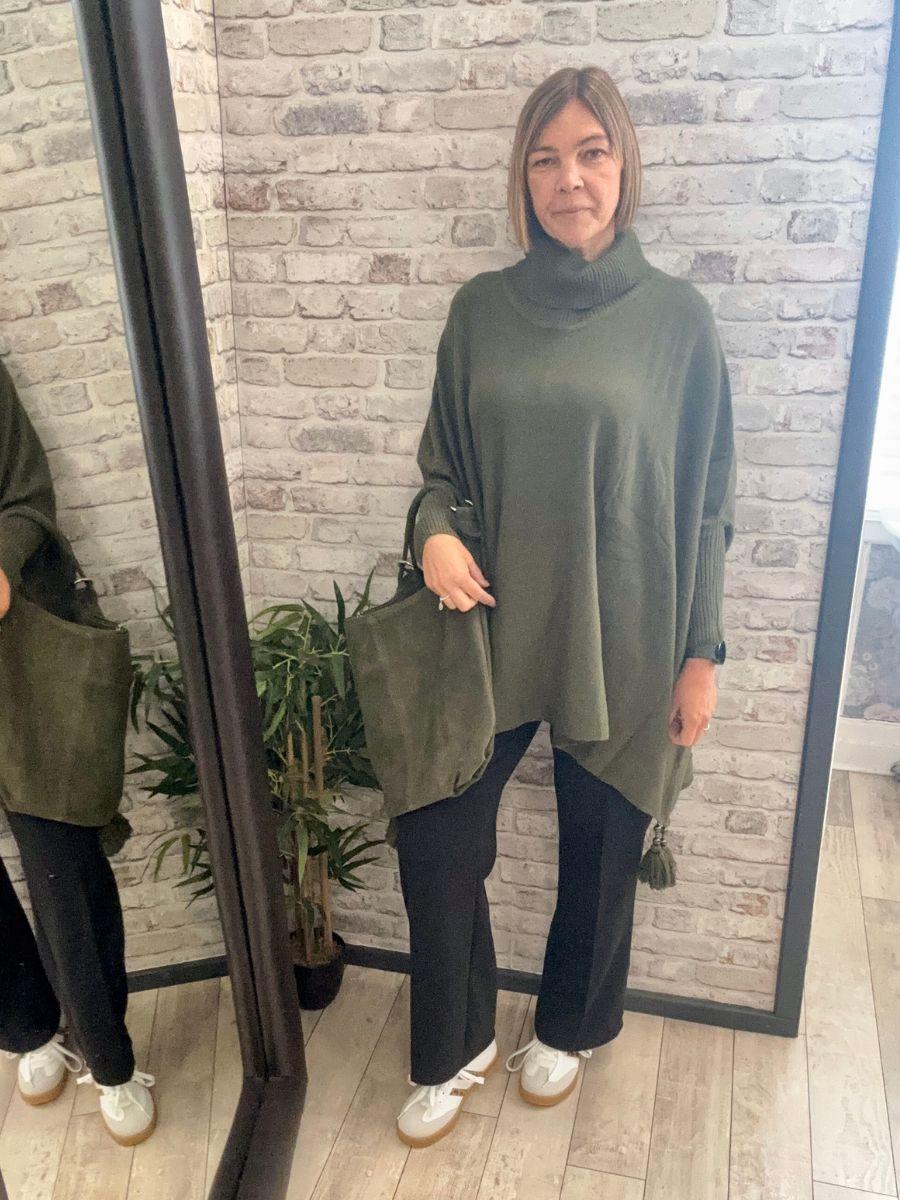 Plain Cowl Neck Tassel Poncho