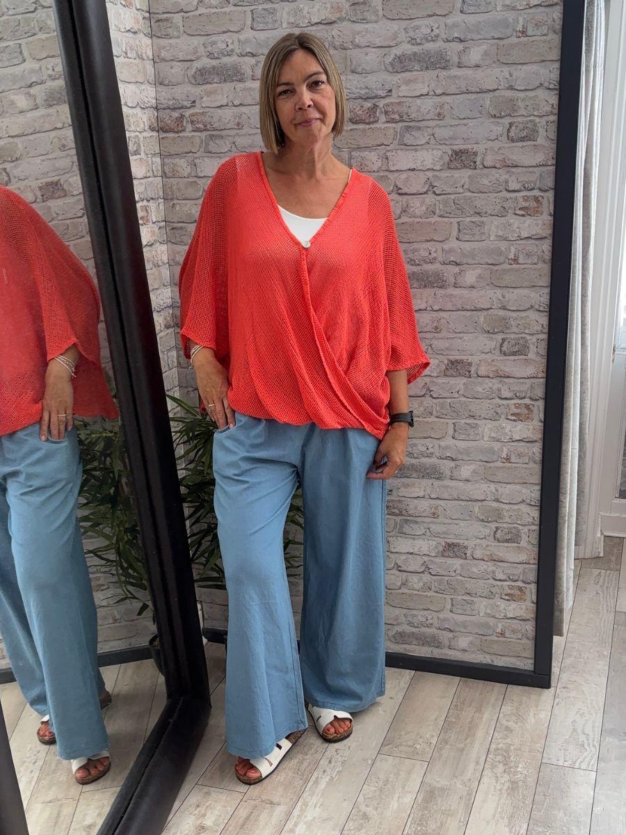 One Button Twist Mesh Top - Single Wooden Button and Open Front