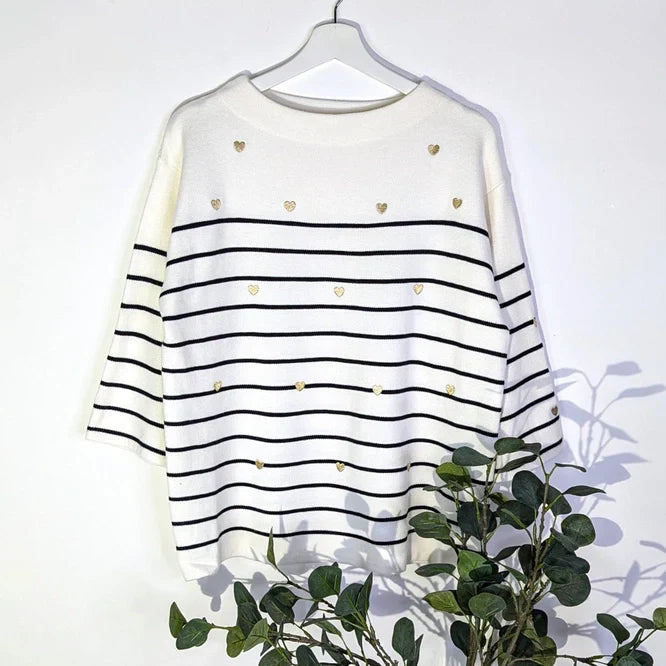 Luxe Stripey Embroidered Hearts Jumper with 3/4 sleeves and scattered heart design.