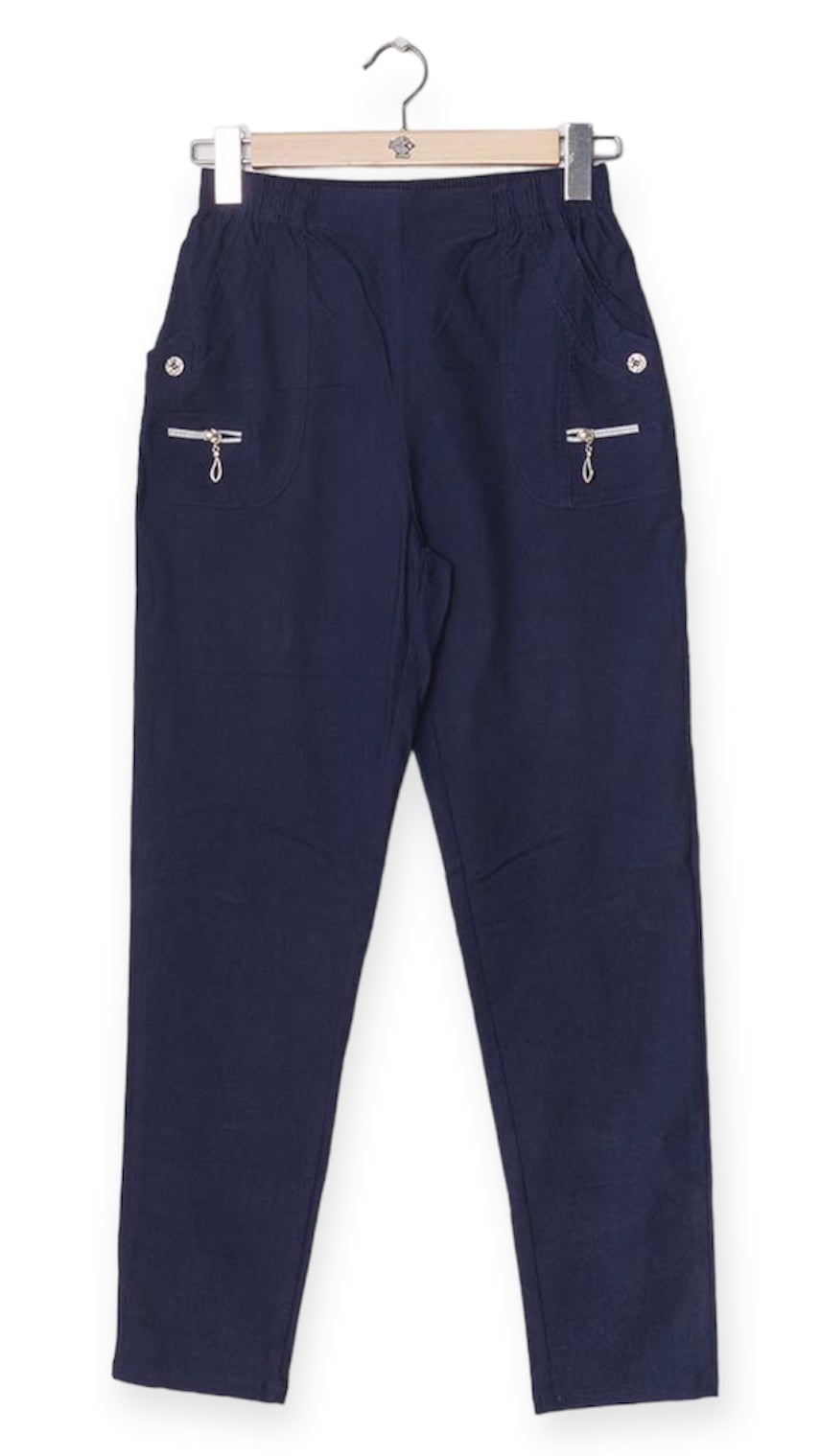 Summer stretch trouser with zip detail and side pockets, available in 8 sizes.