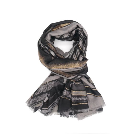 Gold abstract scarf with gold, grey, and blue pattern made from soft polyester.