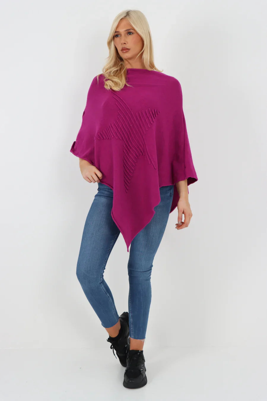 Embossed Star Poncho - Stylish Knitted Poncho with Ribbed Pattern