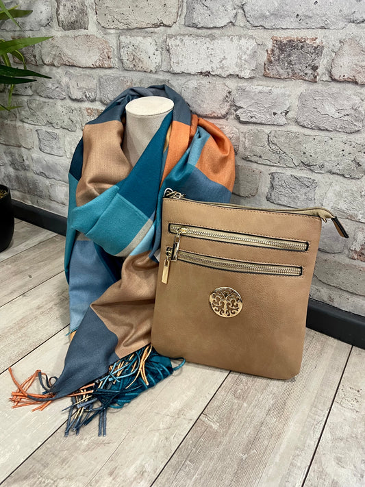 Teal/Camel Checks Scarf and Co-Ord Bag