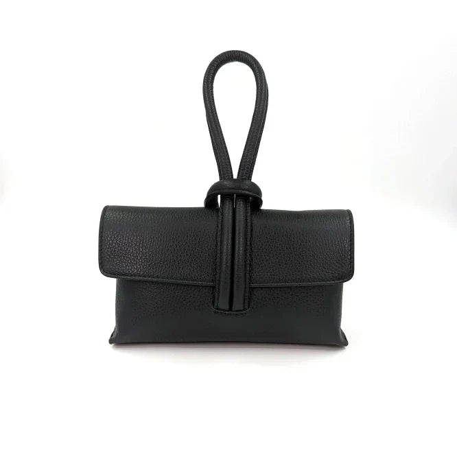 Metallic loop handle leather bag with detachable strap and internal zip pocket.
