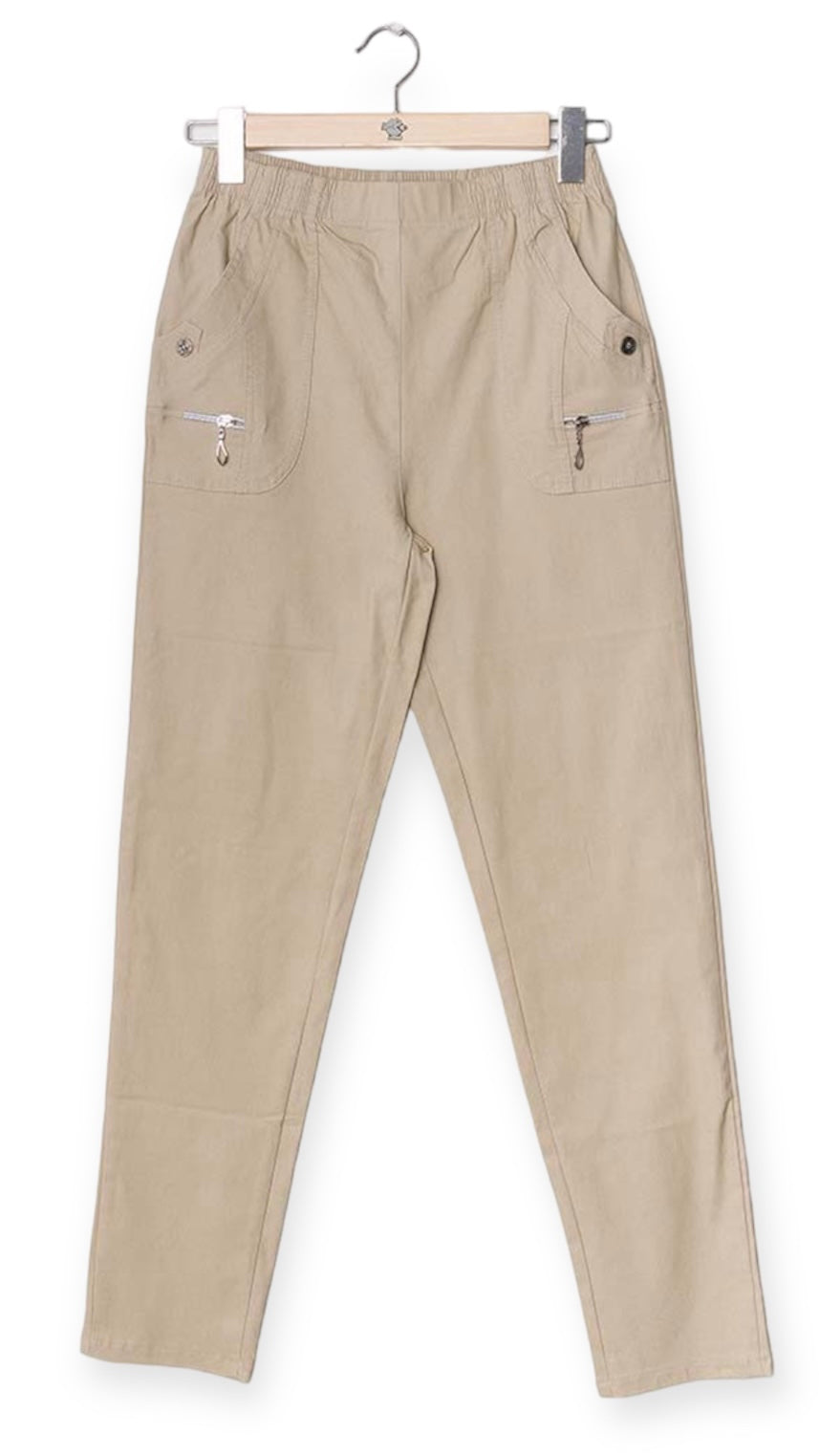 Summer stretch trouser with zip pocket detail, available in 8 sizes.