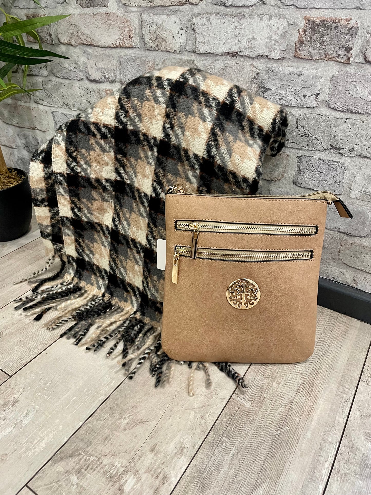 Stone Soft Tartan Scarf and Bag