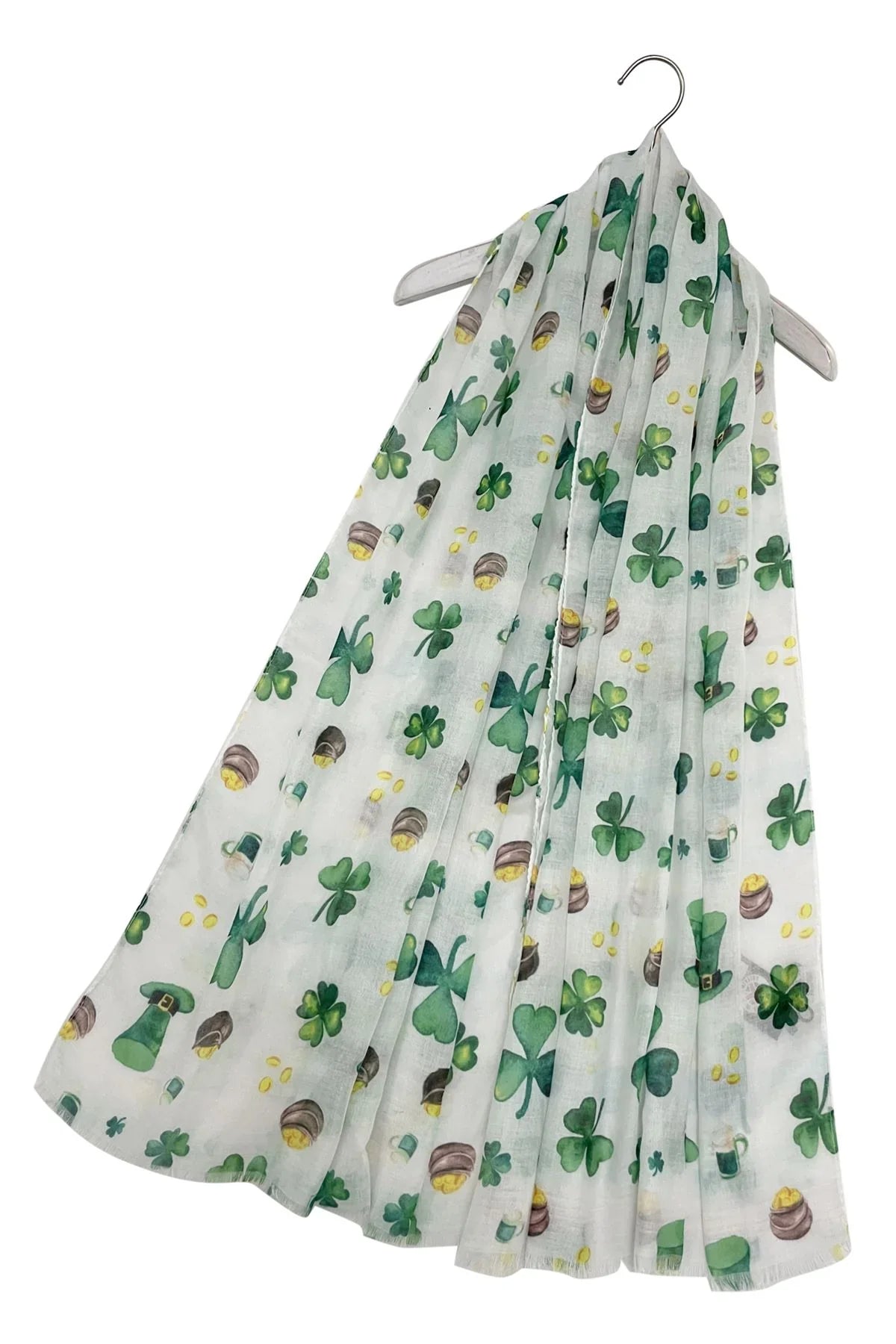 Lucky Shamrock Scarf with green clover pattern on hanger, 70x180cm, cotton polyester blend.