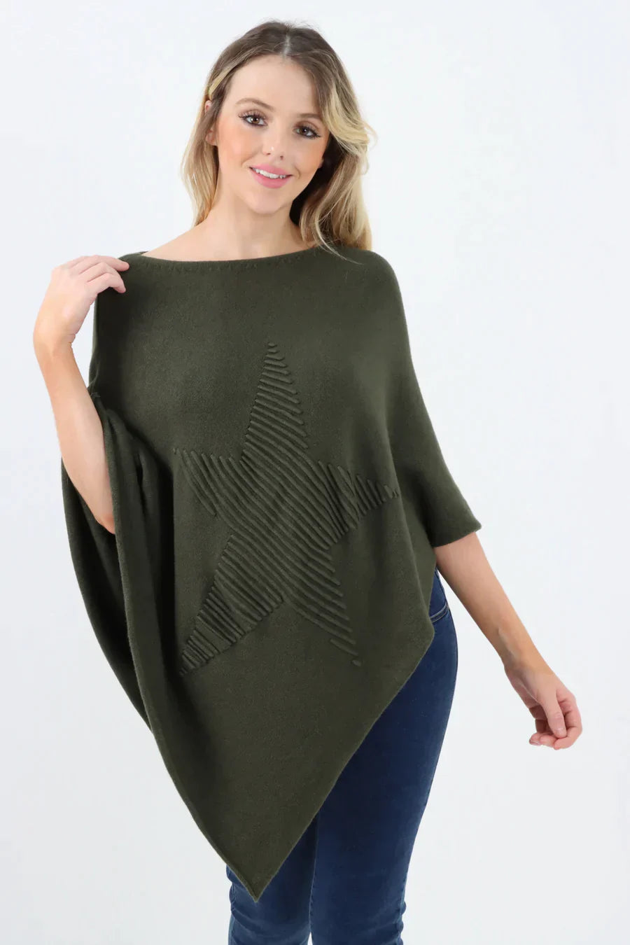 Embossed Star Poncho - Stylish Knitted Poncho with Ribbed Pattern
