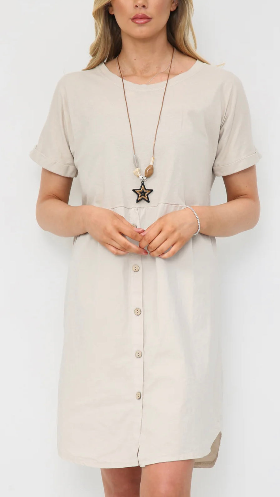 Button up dress with necklace, 100% cotton.