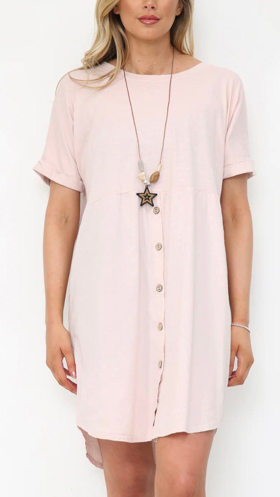 Button up cotton dress with necklace.