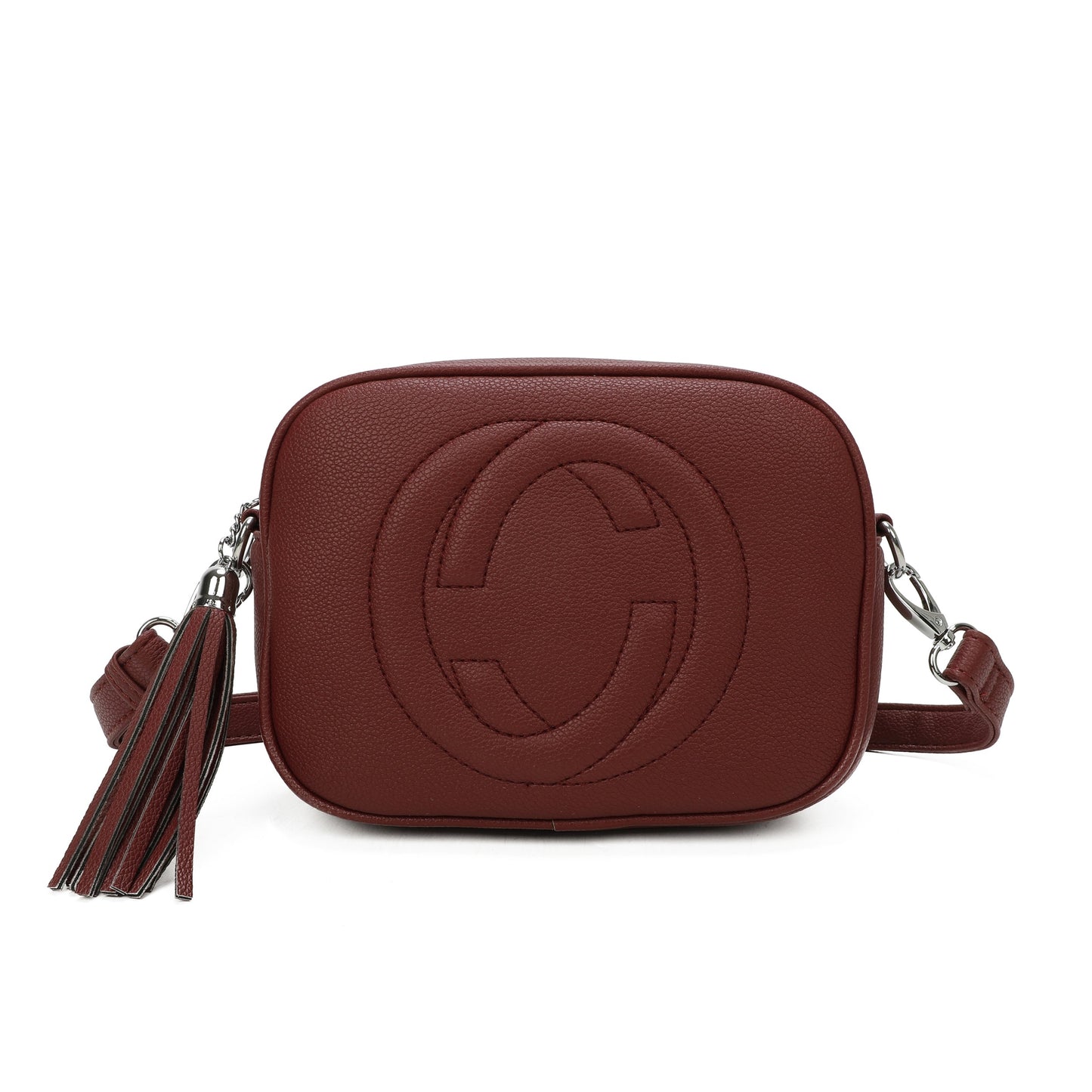 Brown crossbody tassel bag with zip closure and adjustable strap.