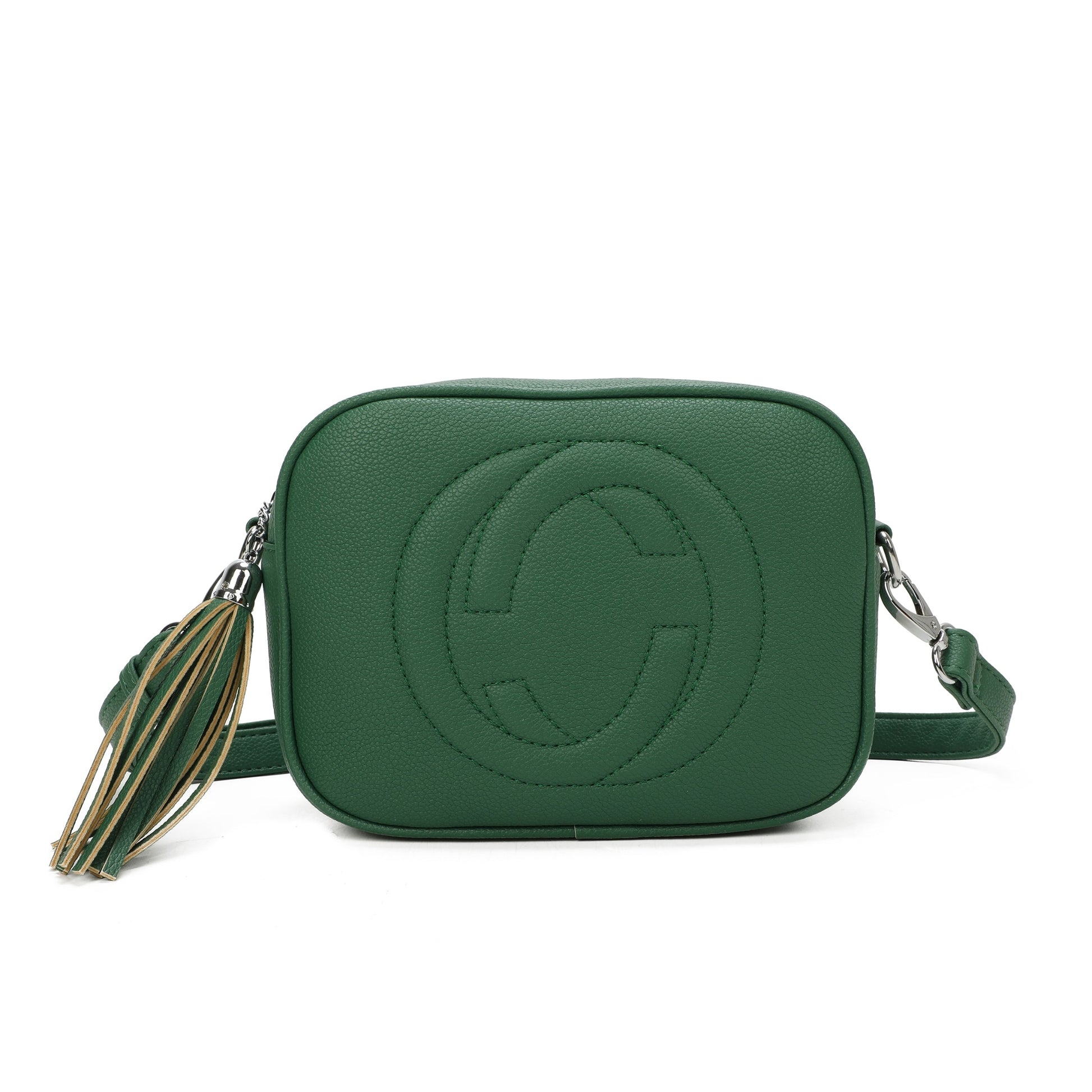 Green cross body tassel bag with adjustable strap and tassel zip closure.