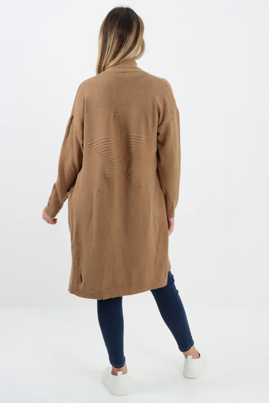 Embossed Star Cardigan with open front and star print design