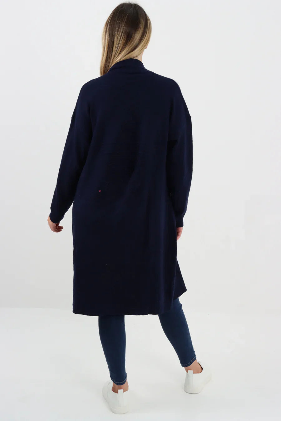 Blue open front cardigan with embossed star pattern, made from viscose, polyamide, and modal materials.