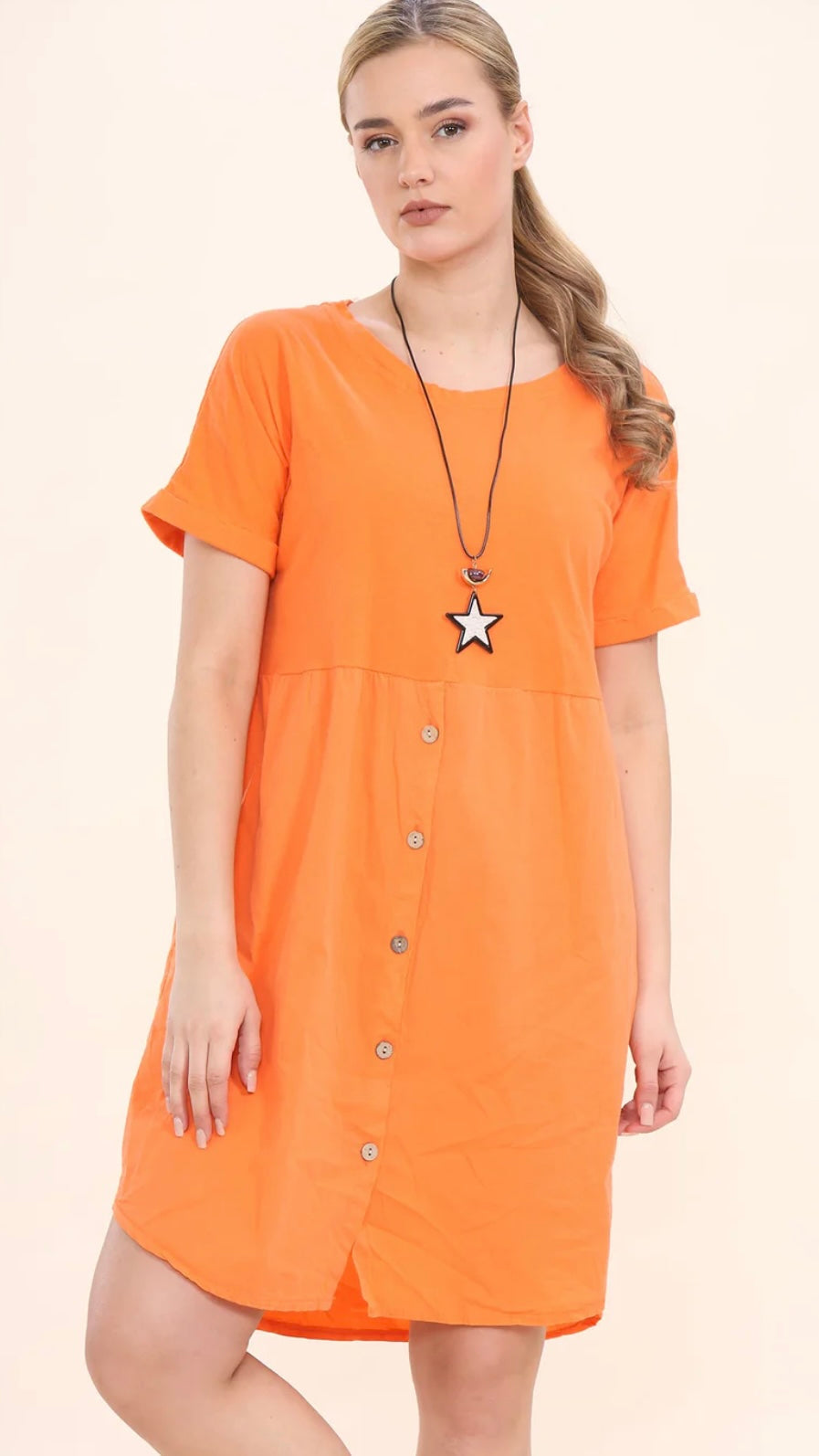 Orange button up dress with necklace, 100% cotton.