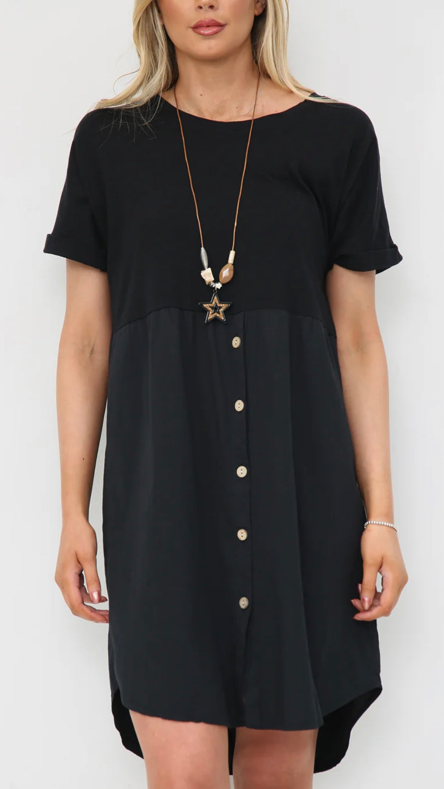 Black button up dress with necklace, 100% cotton.