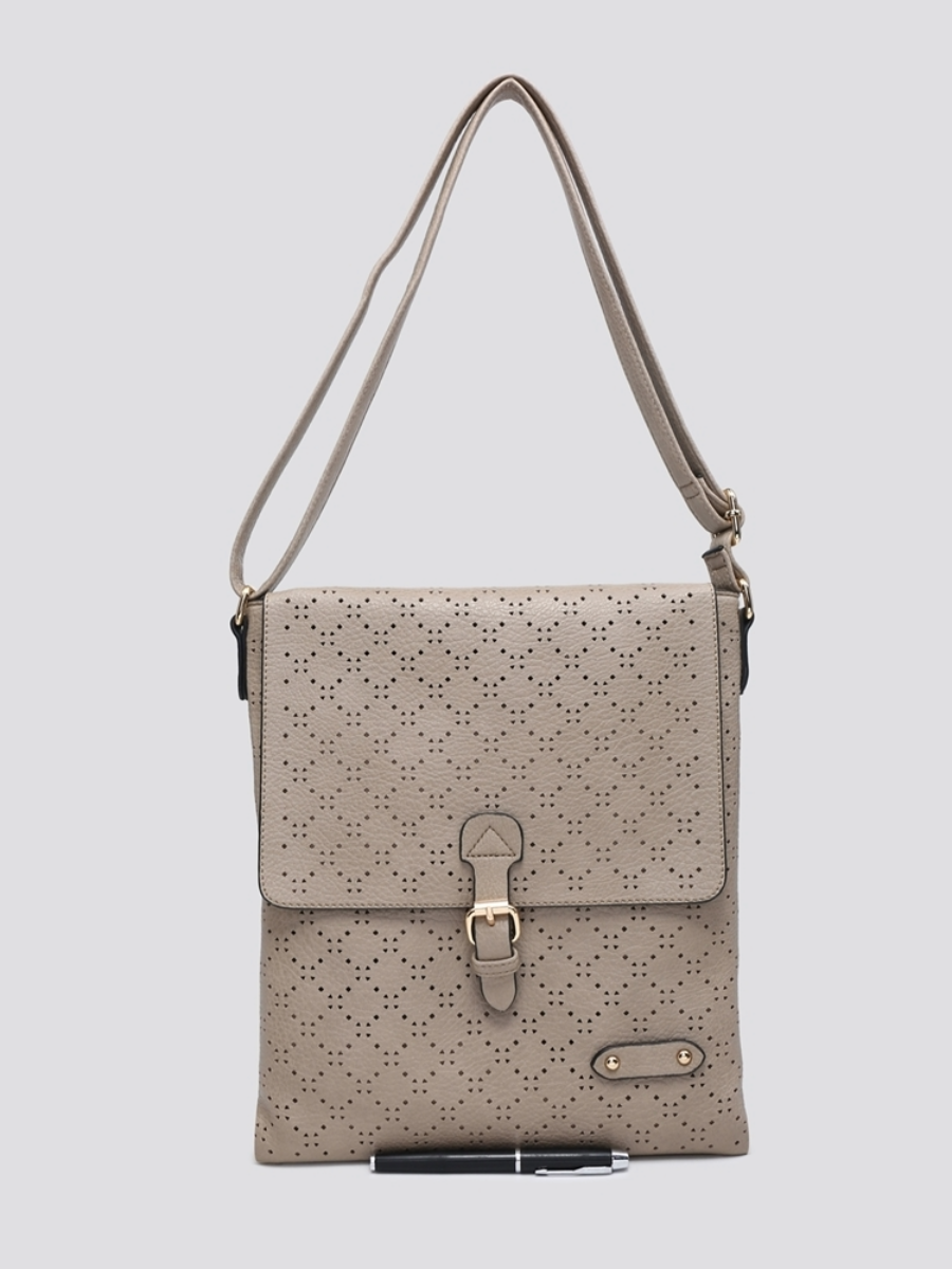 Soft Touch Diamond Perforated Crossbody Bag in vegan leather with gold tone hardware.