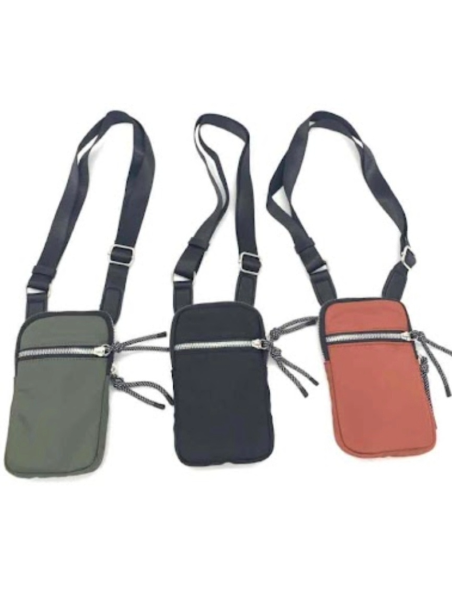 Water-resistant phone bags with two pockets and crossbody strap in various colors.