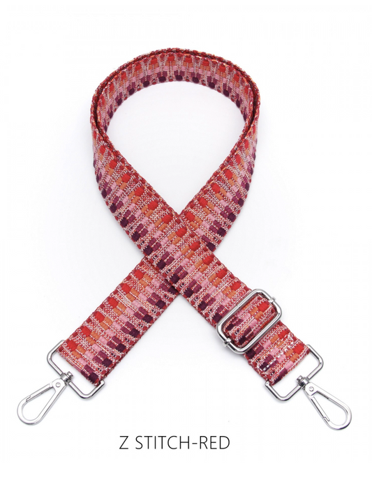 Z Stitch Thin Bag Strap in red pattern with metal clasps.