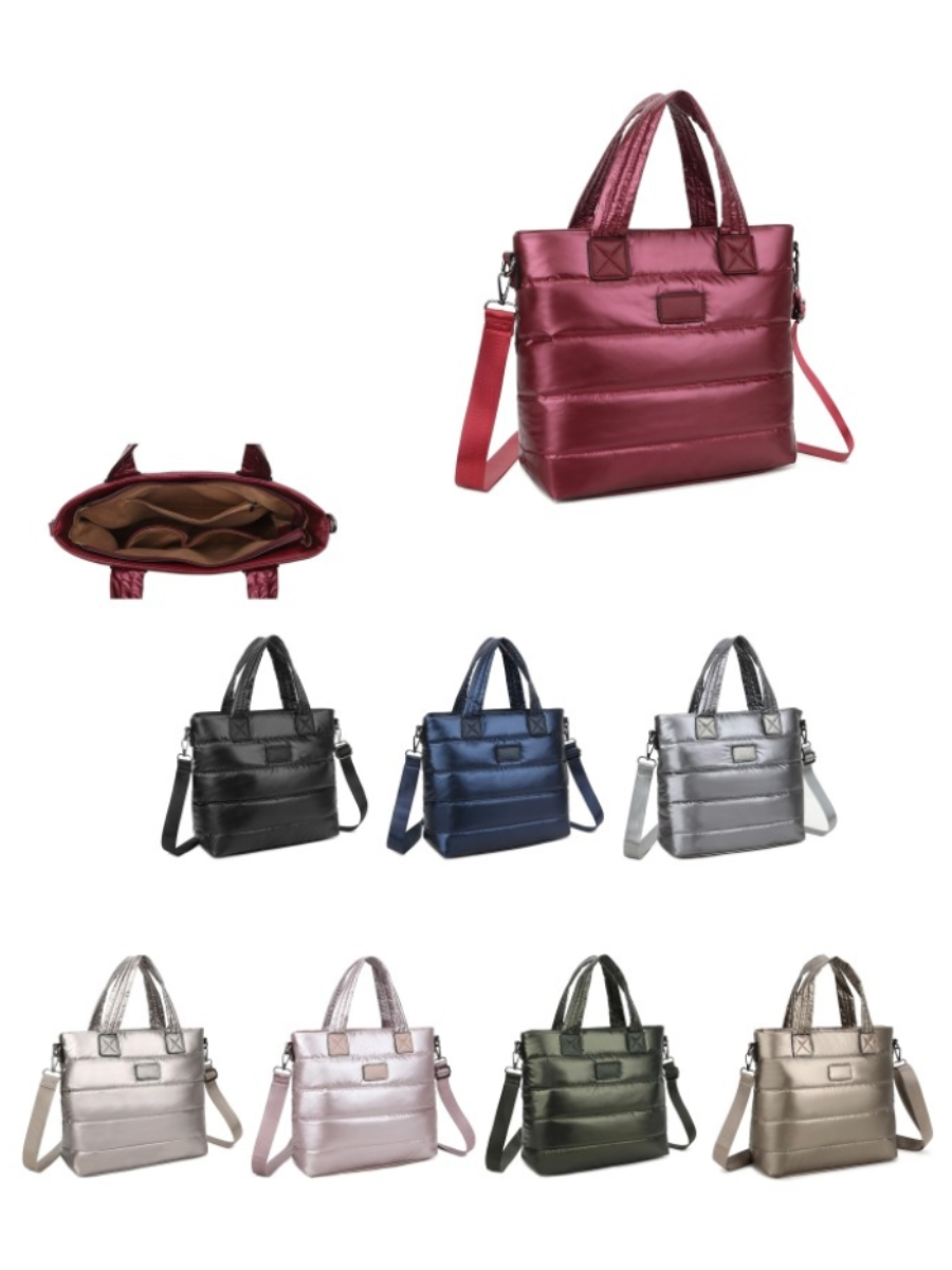 Puffy Medium Tote Bag with gunmetal hardware and adjustable strap, featuring internal zip and opening pockets, shown in multiple colors.