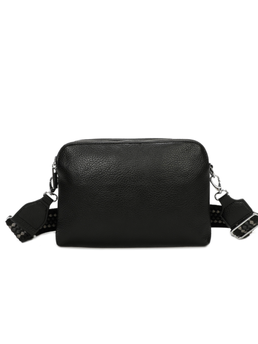 Triple Zip Crossbody Bag with adjustable colorful strap and silver tone hardware.