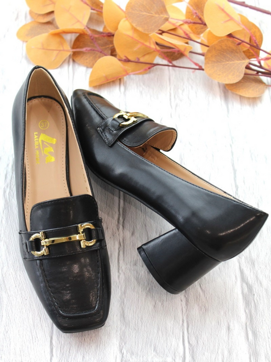 Gold Bar Office Shoe made from synthetic material with gold detailing.