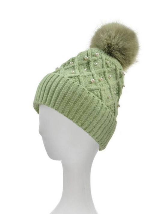 Pom-Pom Hat with Cashmere and Pearl Embellishments