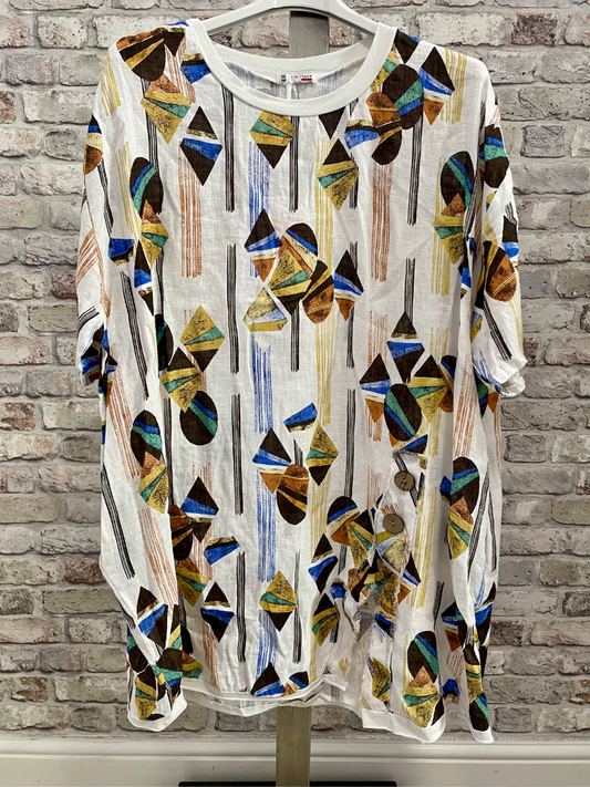Lagenlook Linen Diamond Slit Tunic with unique button and raw edge hem.