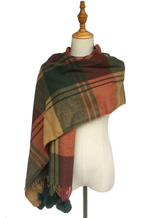 Tartan Wool Scarf - Pom-Poms to the edge and 2 Colour Options