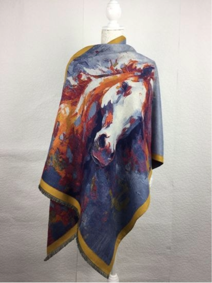 Cashmere Shawl Scarf - Luxurious Feel Horse Design