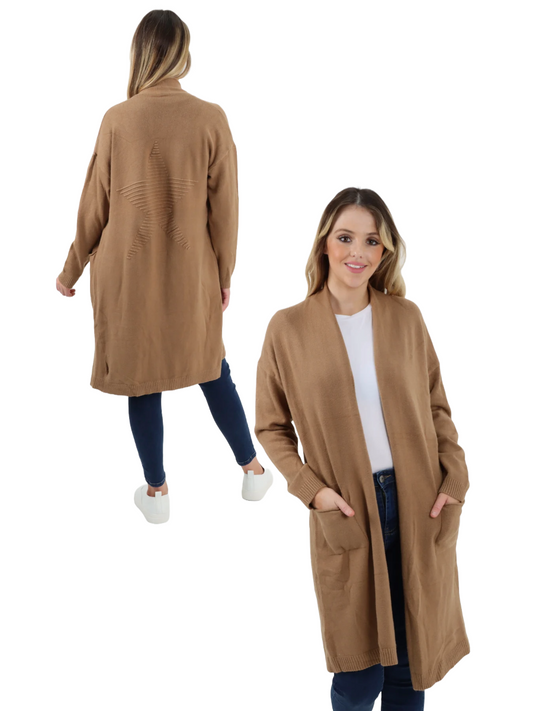 Embossed Star Cardigan with open front and star print design, crafted from viscose, polyamide, and modal blend.