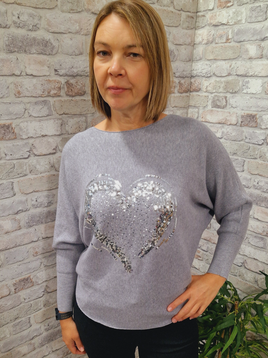 Heart Sequin Batwing Jumper - Chic & Sparkly Winter Wear