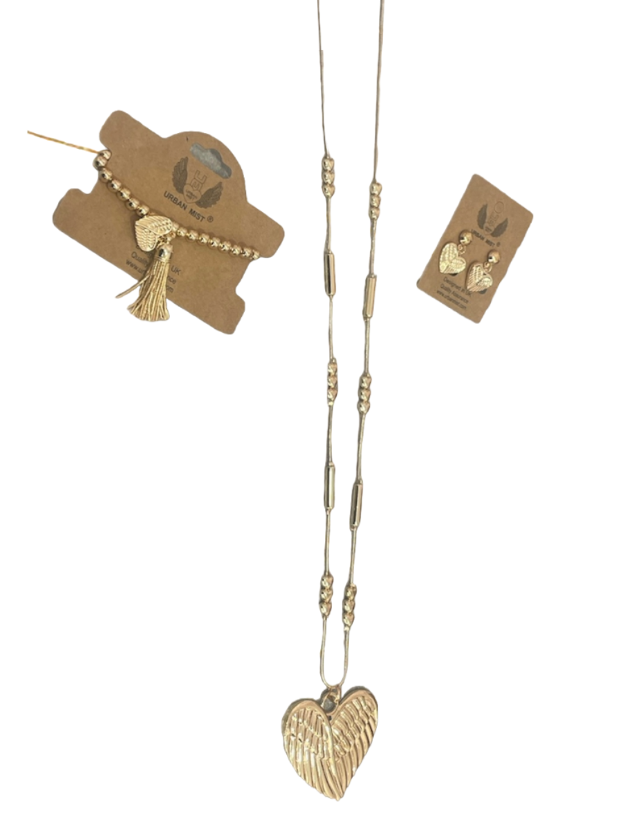 Heart Wings Jewellery Set in gold, includes necklace, stretch bracelet, and earrings.