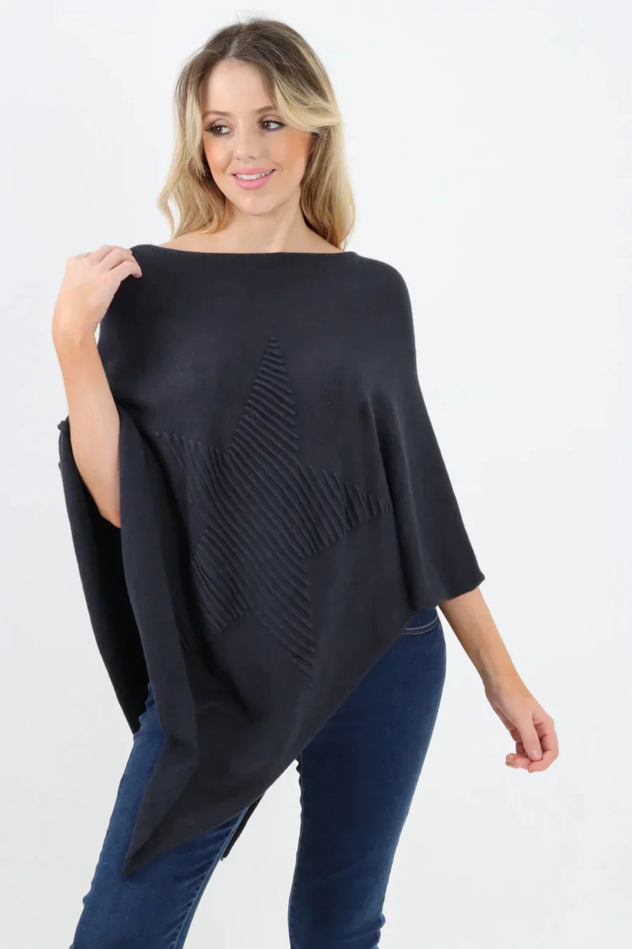 Embossed Star Poncho - Stylish Knitted Poncho with Ribbed Pattern