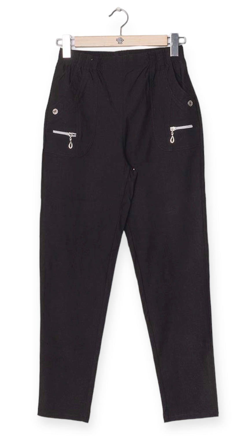 Summer stretch trouser with zip detail and side pockets available in 8 sizes.