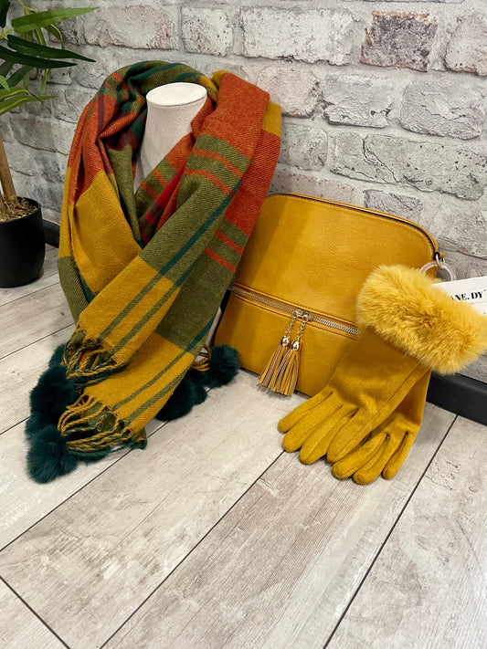 Mustard Scarf, Gloves and Bag