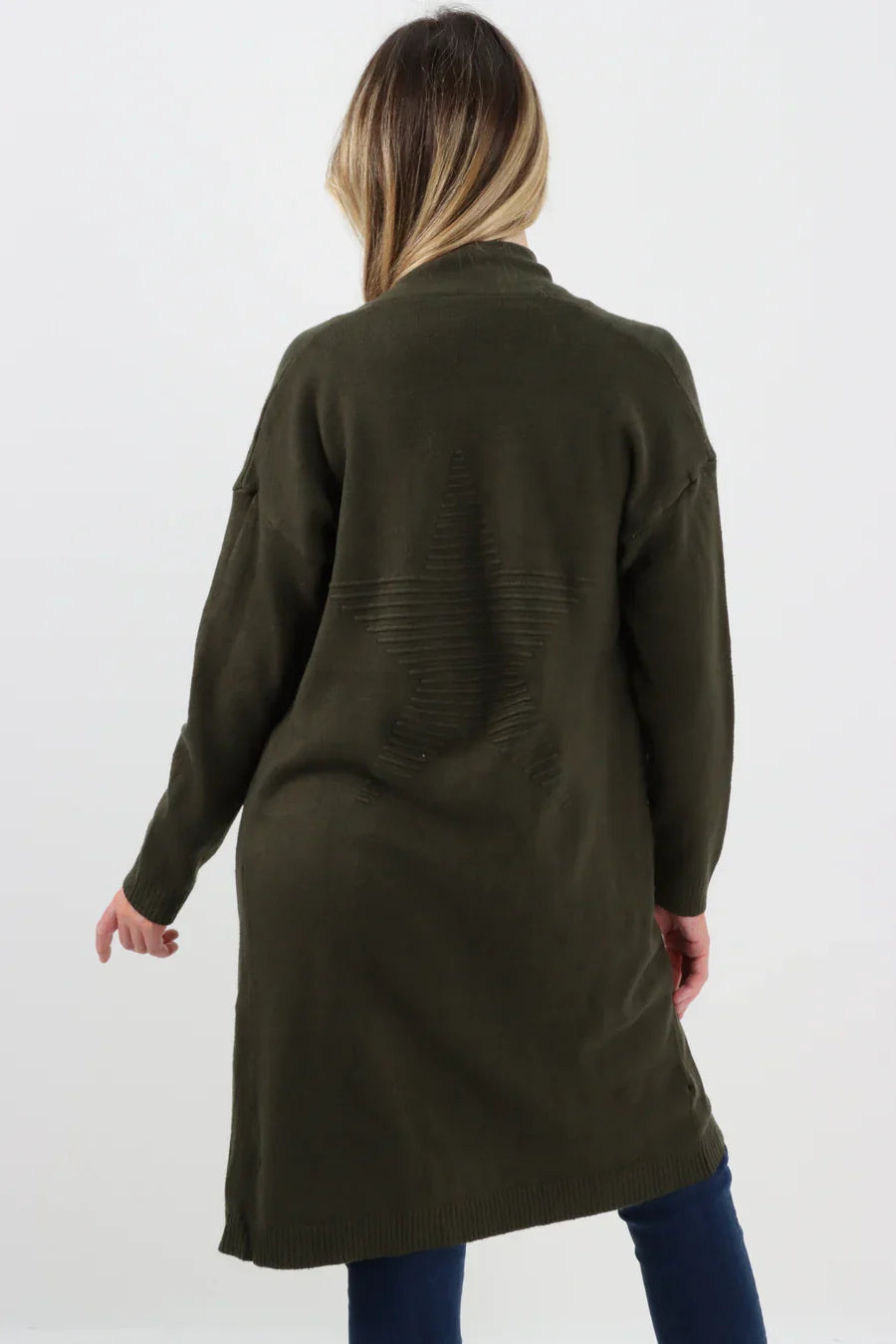 Embossed Star Cardigan with open front and star print design.