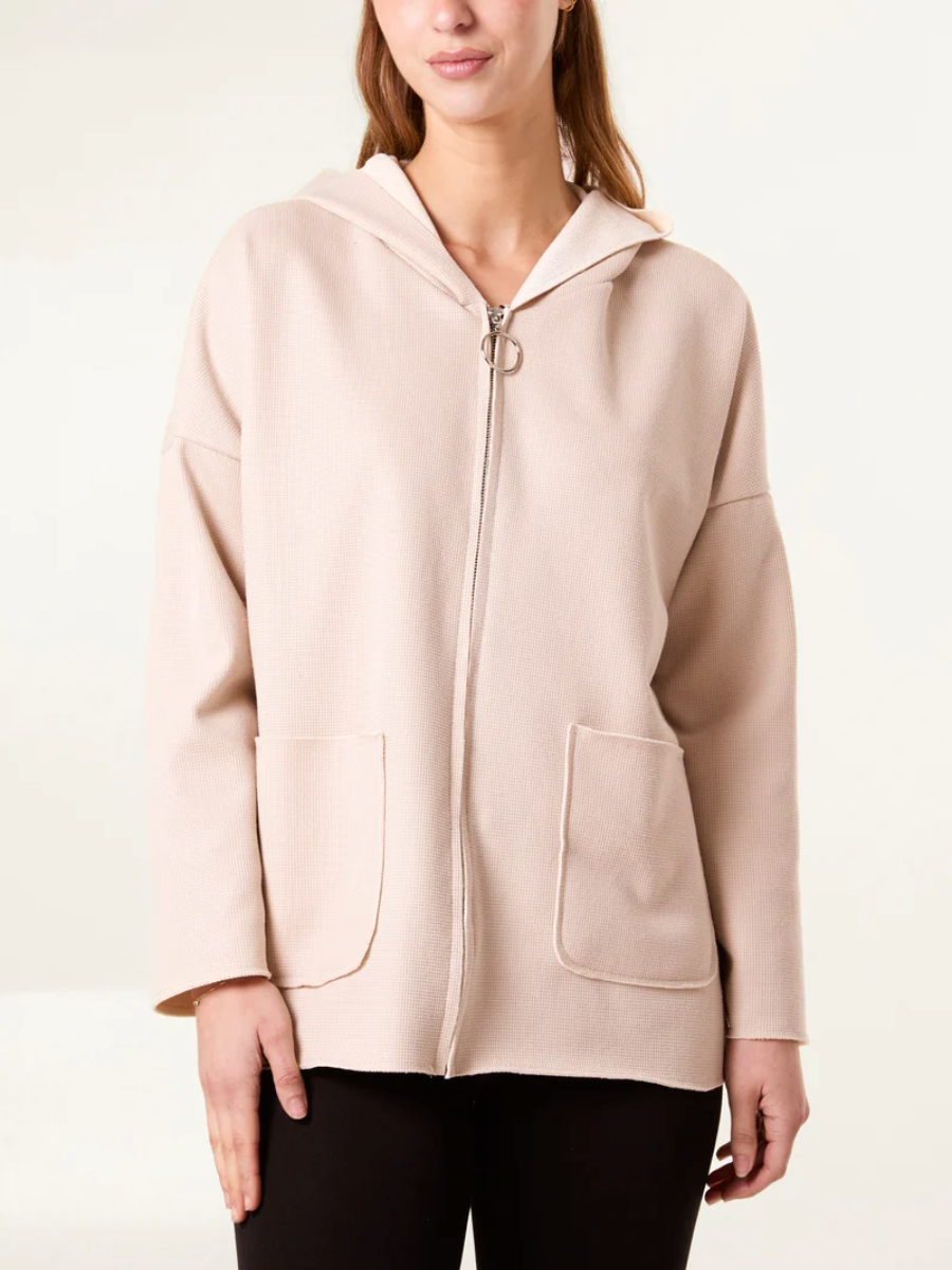 Textured Jersey Zip Up Hoodie with fleece lining and contrast detailing.