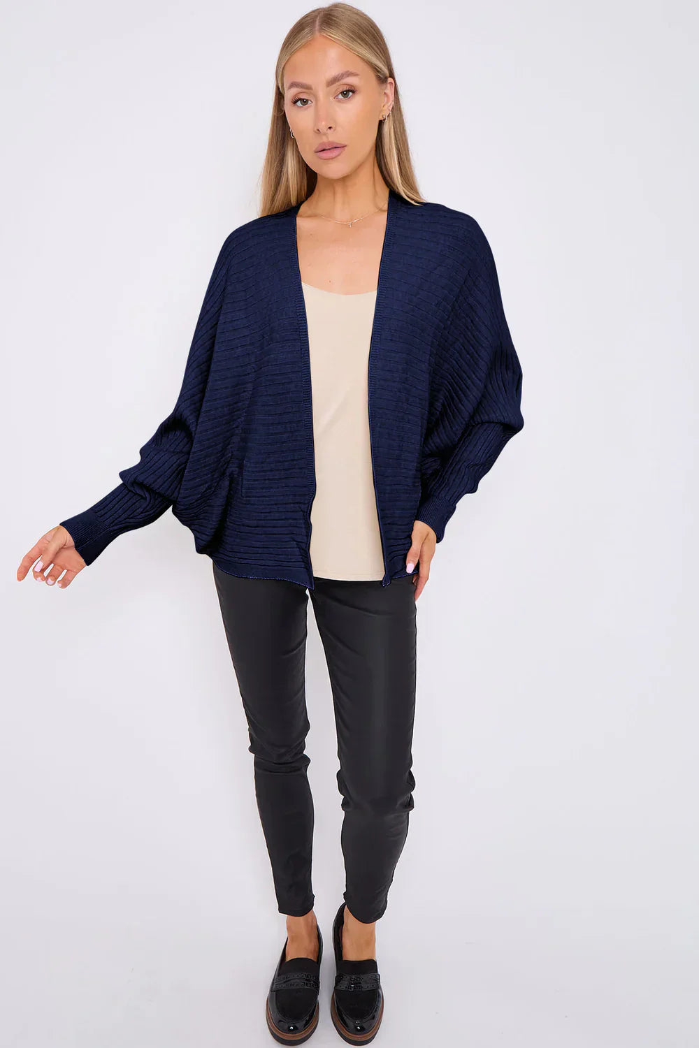 Ribbed batwing cardigan with open front and stylish batwing sleeves.