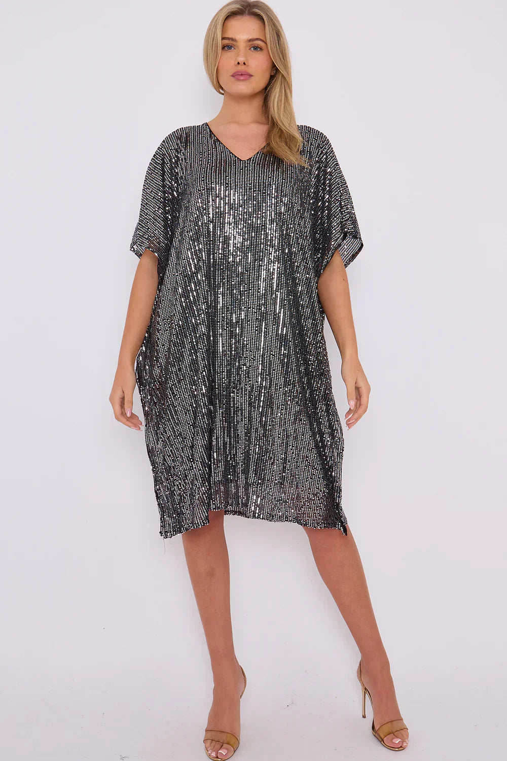 V Neck Sequin Tunic with Batwing Sleeve and Sparkling Design