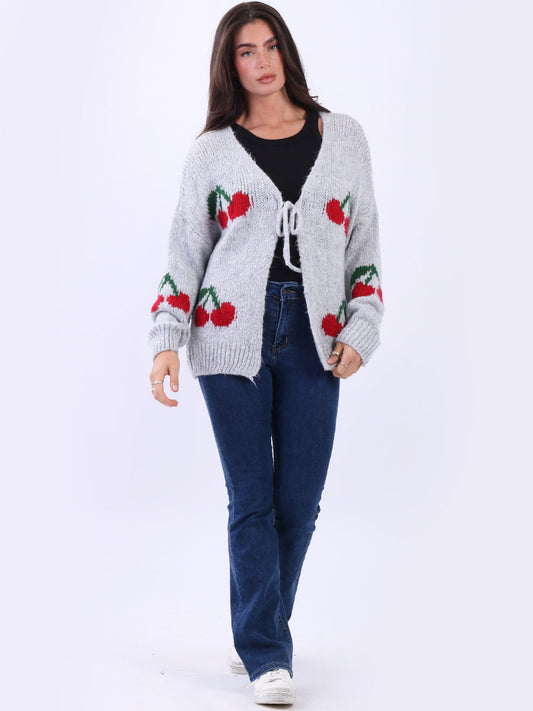 Cherry Print Wool Knit Cardigan