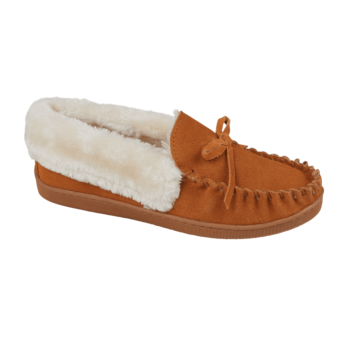 Mull Cognac Leather Slippers - Ladies suede moccasin with fleece lining.