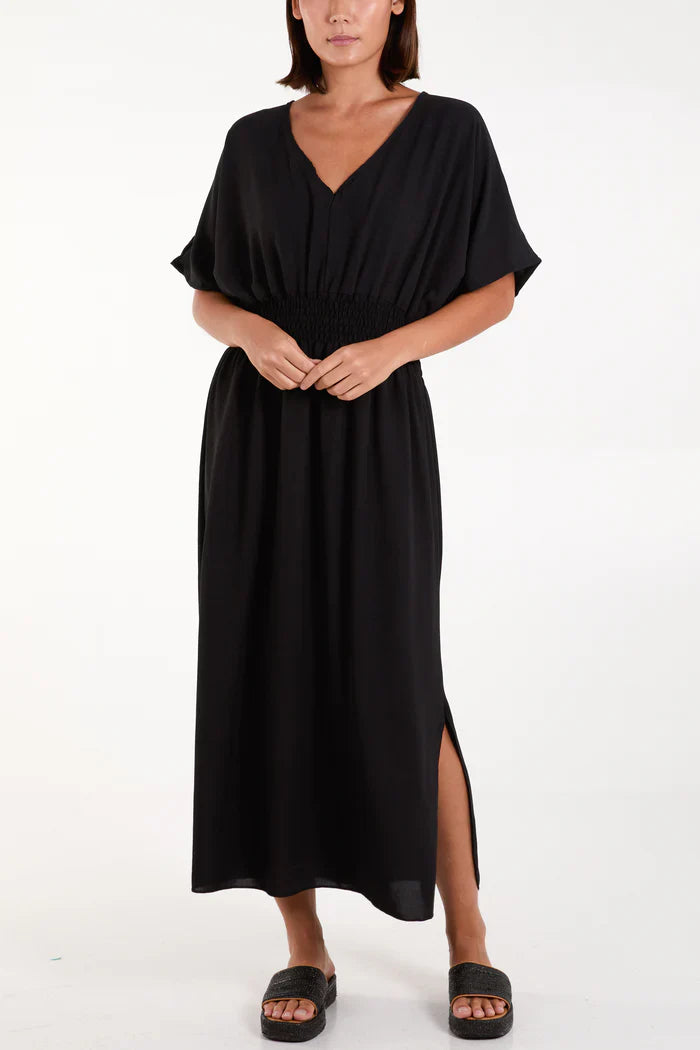 V Neck Shirred Waist Dress in black, made with polyester, viscose, and elastane.